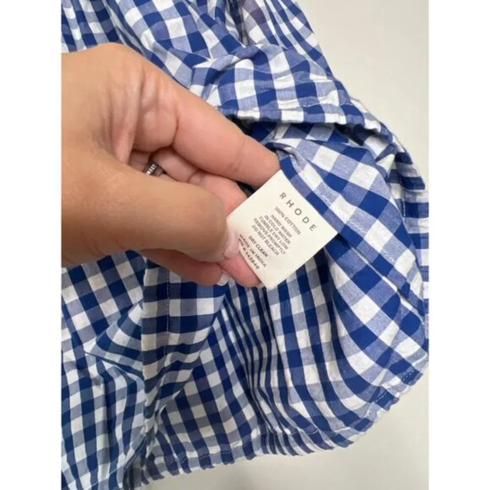 NEW Rhode Luciana Puff Sleeves Self Tie Gingham Plaid Blouse Top Blue Size: S